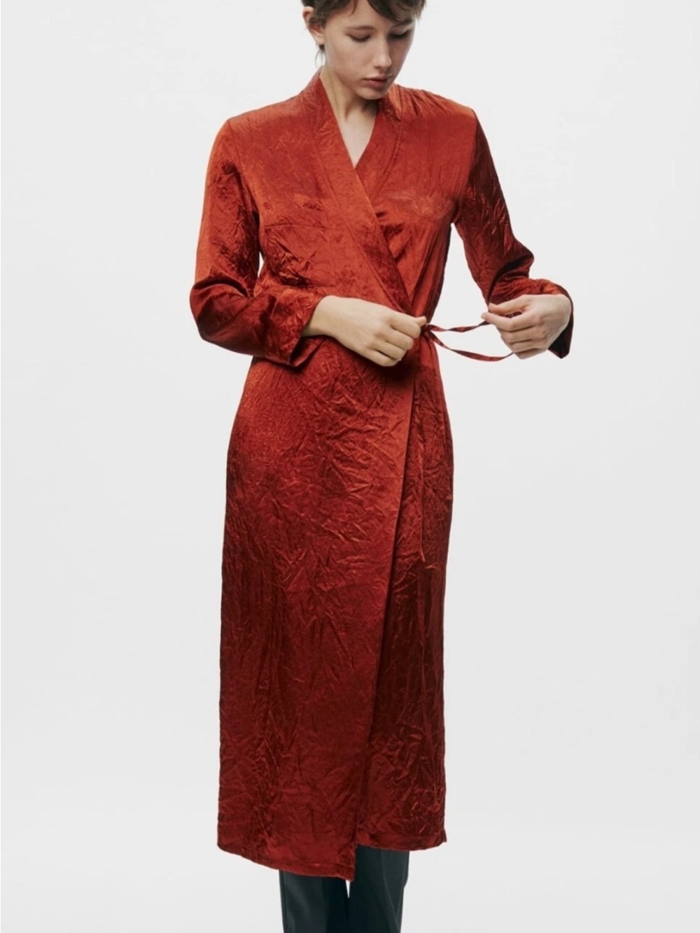 Zara Satin Wrap Dress in Rust